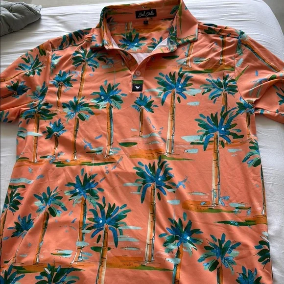 Bad Birdie Orange and Blue Polo Shirt with Tropical Design - Picture 1 of 2